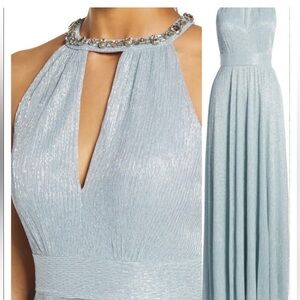 New Eliza J Embellished Shimmer Halter A-Line Gown Full Length Dress 6 Shimmery!